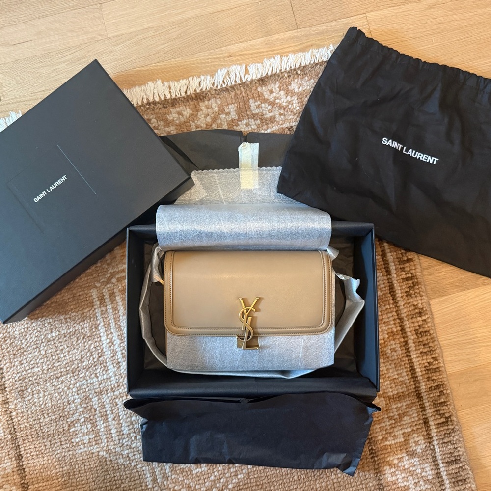 YSL Bags | YSL Calfskin Monogram Solferino Med Tan Crossbody Bag | Disco Color - Picture 2 of 16